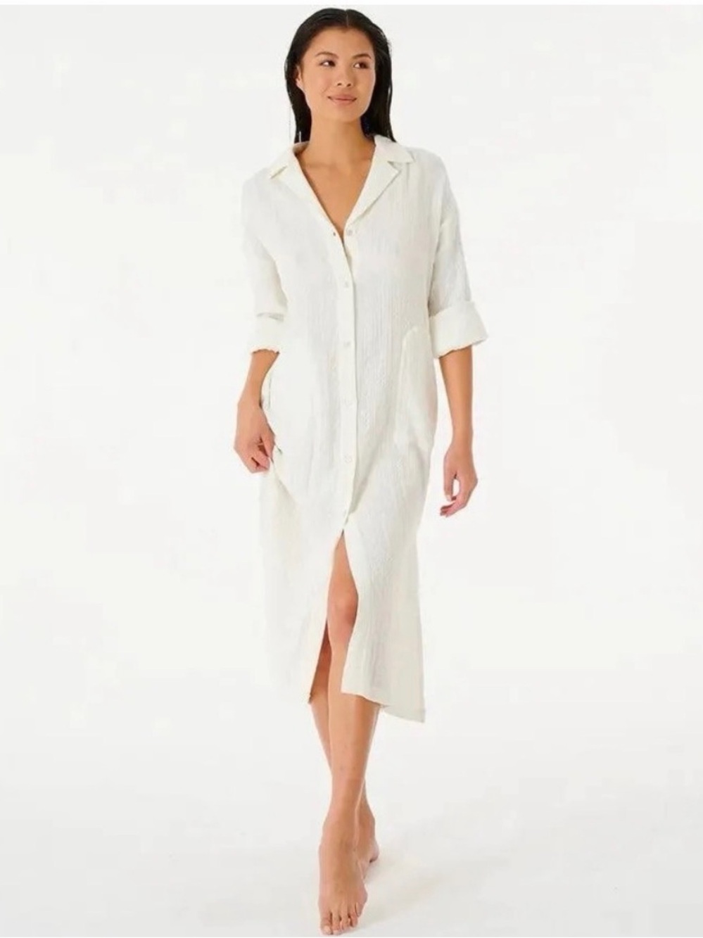 Rip Curl White Button-Front Shirt Dress/Coverup